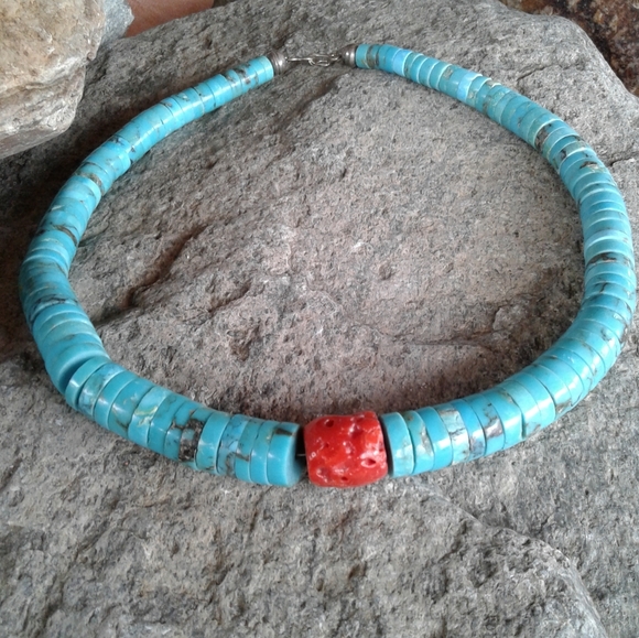 Sterling Silver Vintage TURQUOISE Heishe  NECKLACE - Picture 7 of 8